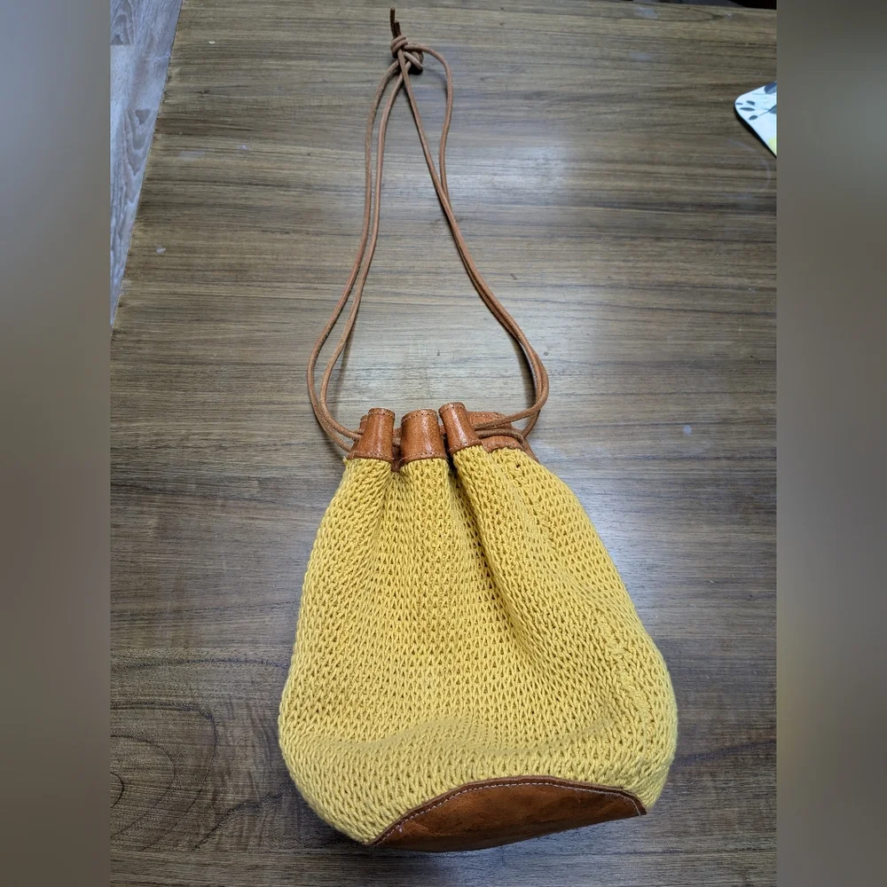 VTG Talbots Yellow Boho Woven Crochet Leather Drawstring Small Bucket Handbag